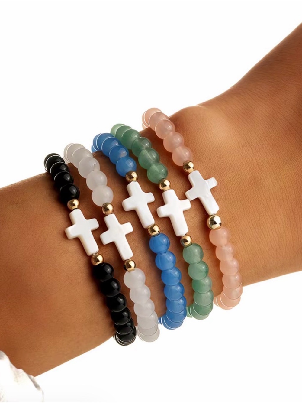 Multicolor Beaded Cross Bracelet Set — Rose, Green, Blue, White, Black